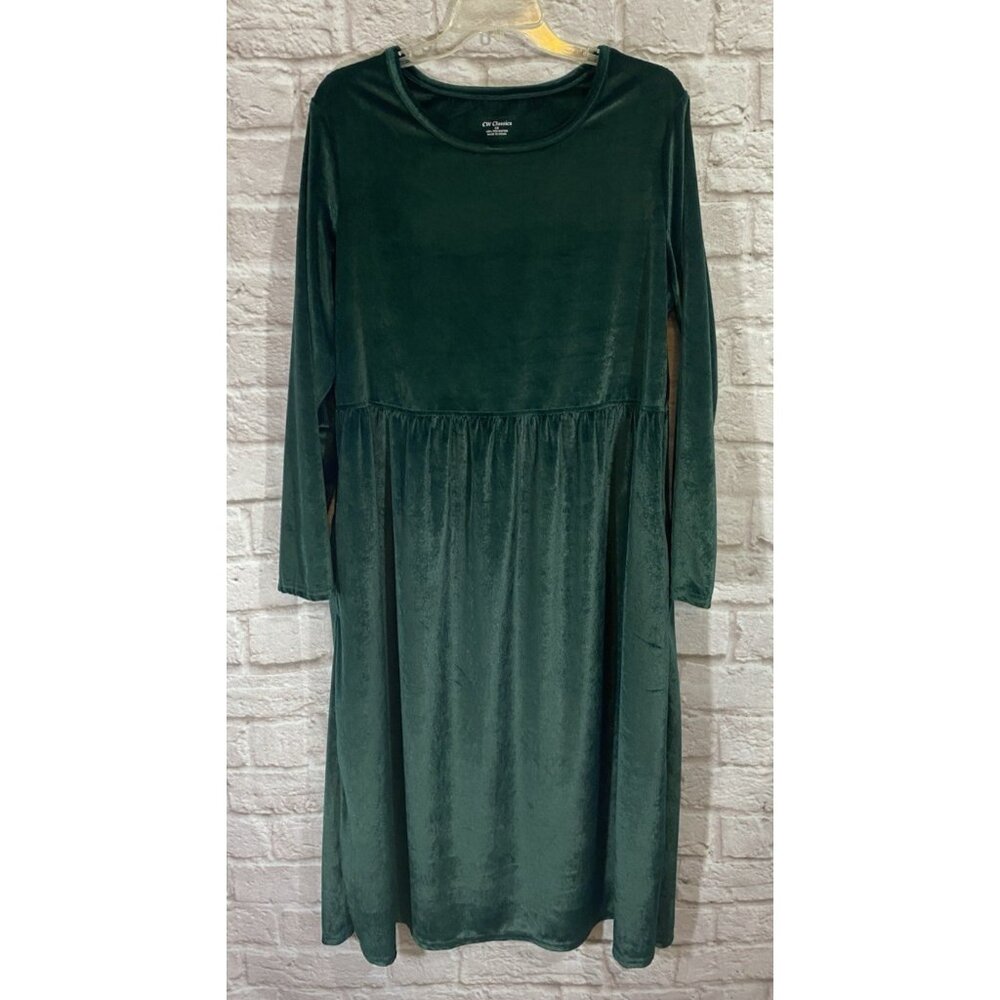 CW Classics Midi Maxi Velvet Dress 1X Shimmery‎ Deep Green Modest Pockets 018